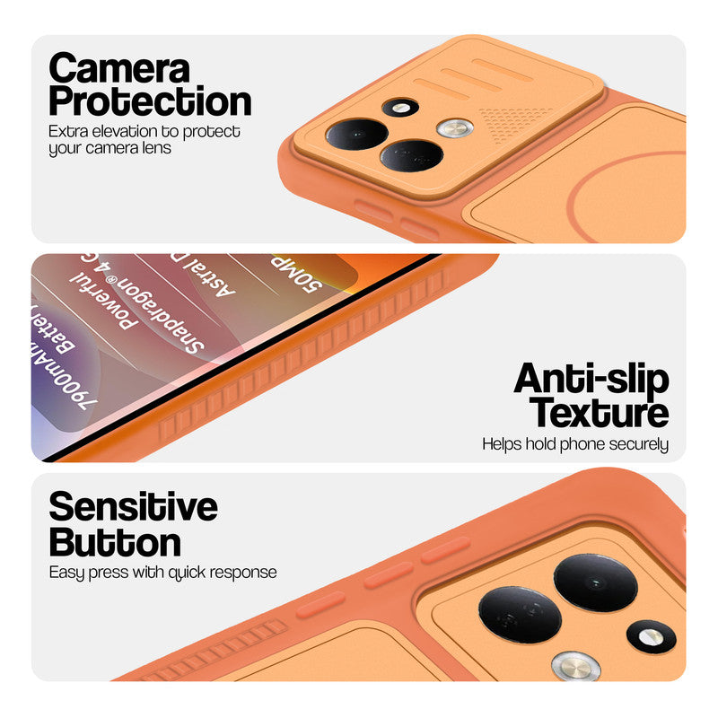 Orange phone case for Redmi 17 5G showing camera safety edges, anti slip side grip and easy press button covers.