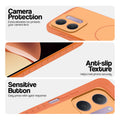 Orange phone case for Redmi 17C 5G showing camera safety edges, anti slip side grip and easy press button covers.