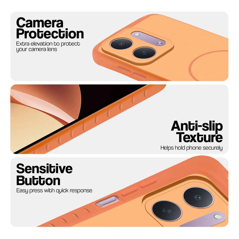 Orange phone case for Redmi 17C 5G showing camera safety edges, anti slip side grip and easy press button covers.