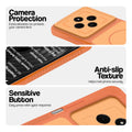 Orange phone case for Redmi A4 5G showing camera safety edges, anti slip side grip and easy press button covers.