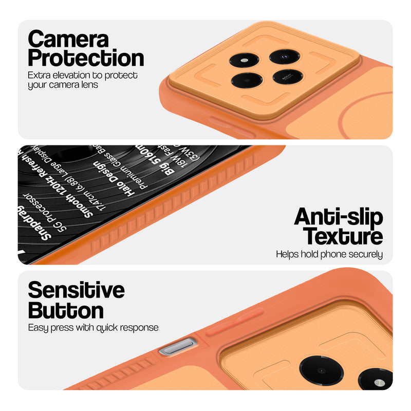 Orange phone case for Redmi A4 5G showing camera safety edges, anti slip side grip and easy press button covers.