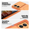 Orange phone case for Redmi A7 4G showing camera safety edges, anti slip side grip and easy press button covers.