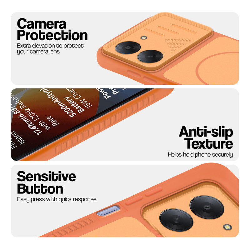 Orange phone case for Redmi A7 4G showing camera safety edges, anti slip side grip and easy press button covers.