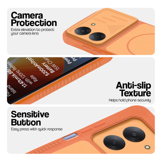 Orange phone case for Redmi A7 4G showing camera safety edges, anti slip side grip and easy press button covers.