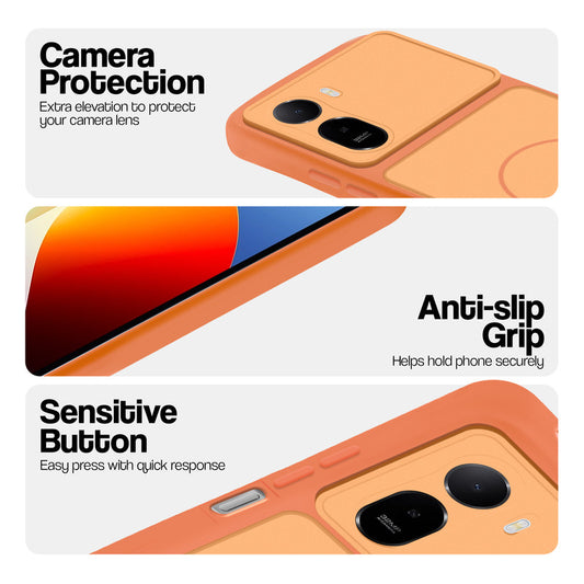 Orange phone case for Redmi A7 Pro 4G showing camera safety edges, anti slip side grip and easy press button covers.