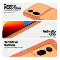 Orange phone case for Redmi A7 Pro 5G showing camera safety edges, anti slip side grip and easy press button covers.