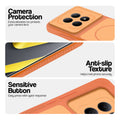 Orange phone case for Redmi Note 15 5G showing camera safety edges, anti slip side grip and easy press button covers.