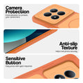 Orange phone case for Redmi Note 15 Pro 5G showing camera safety edges, anti slip side grip and easy press button covers.