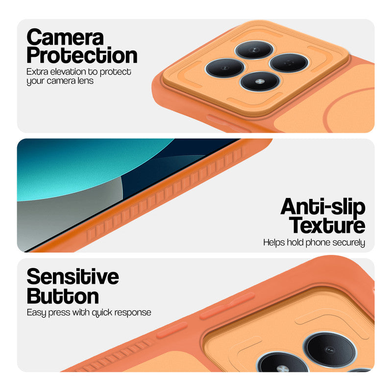 Orange phone case for Redmi Note 15 Pro 5G showing camera safety edges, anti slip side grip and easy press button covers.