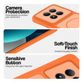 Orange phone case for Redmi Note 15 Pro 5G showing camera safety edges, anti slip side grip and easy press button covers.