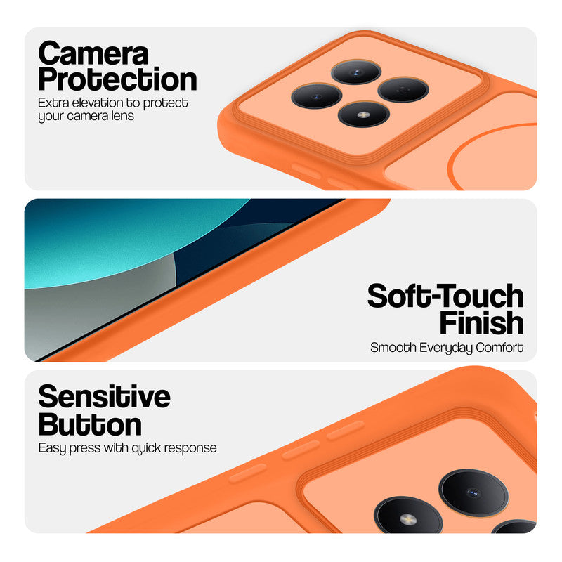 Orange phone case for Redmi Note 15 Pro 5G showing camera safety edges, anti slip side grip and easy press button covers.