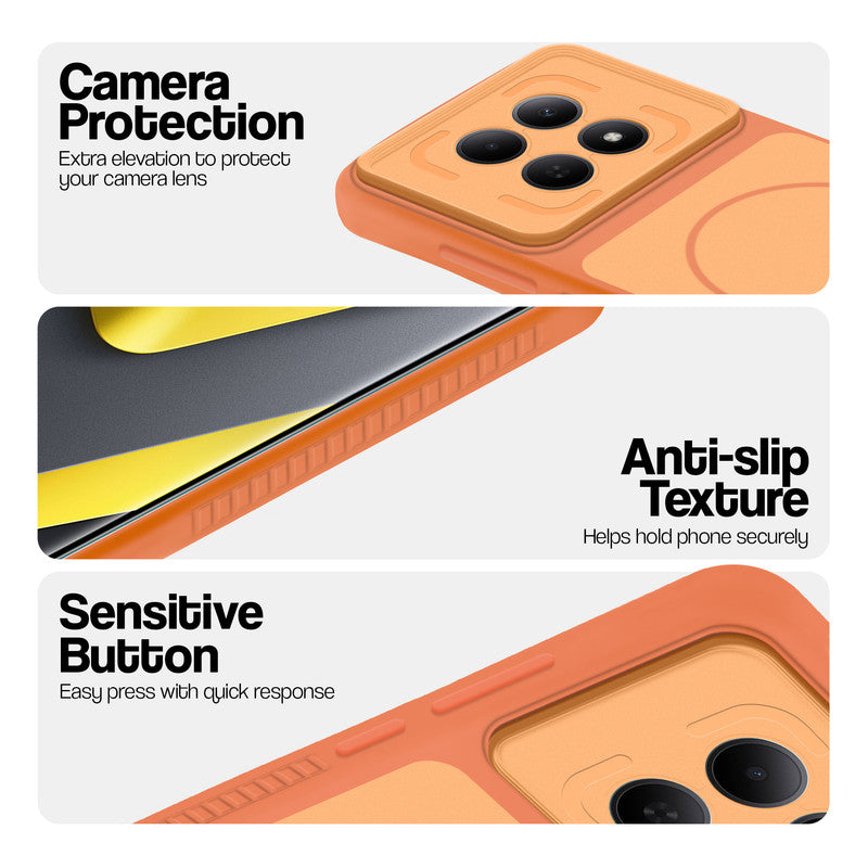 Orange phone case for Redmi Note 15 SE 5G showing camera safety edges, anti slip side grip and easy press button covers.