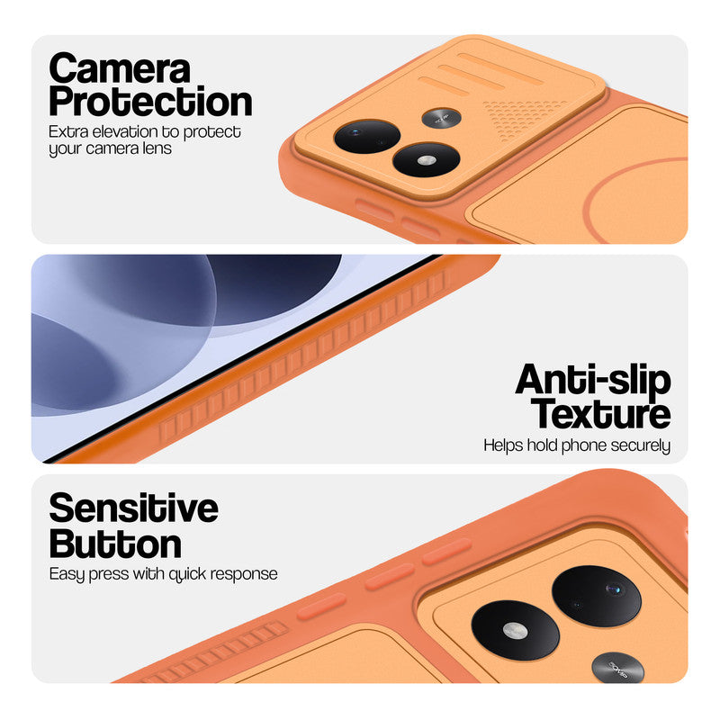 Orange phone case for Redmi Note 17 5G showing camera safety edges, anti slip side grip and easy press button covers.