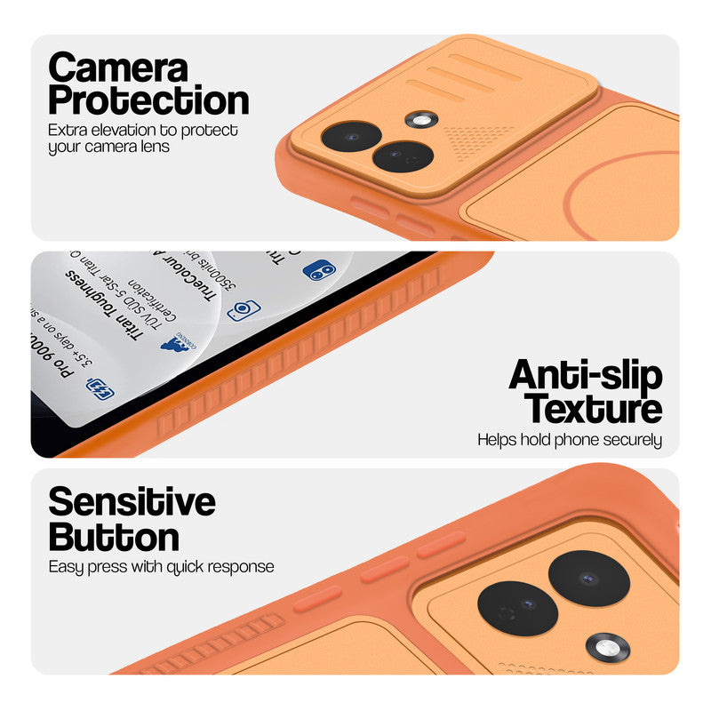 Orange phone case for Redmi Note 17 Pro 5G showing camera safety edges, anti slip side grip and easy press button covers.