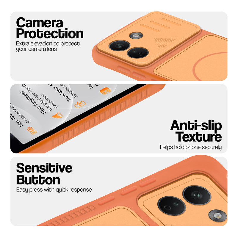 Orange phone case for Redmi Note 17 Pro Max 5G showing camera safety edges, anti slip side grip and easy press button covers.