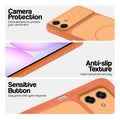 Orange phone case for Samsung A07 5G showing camera safety edges, anti slip side grip and easy press button covers.