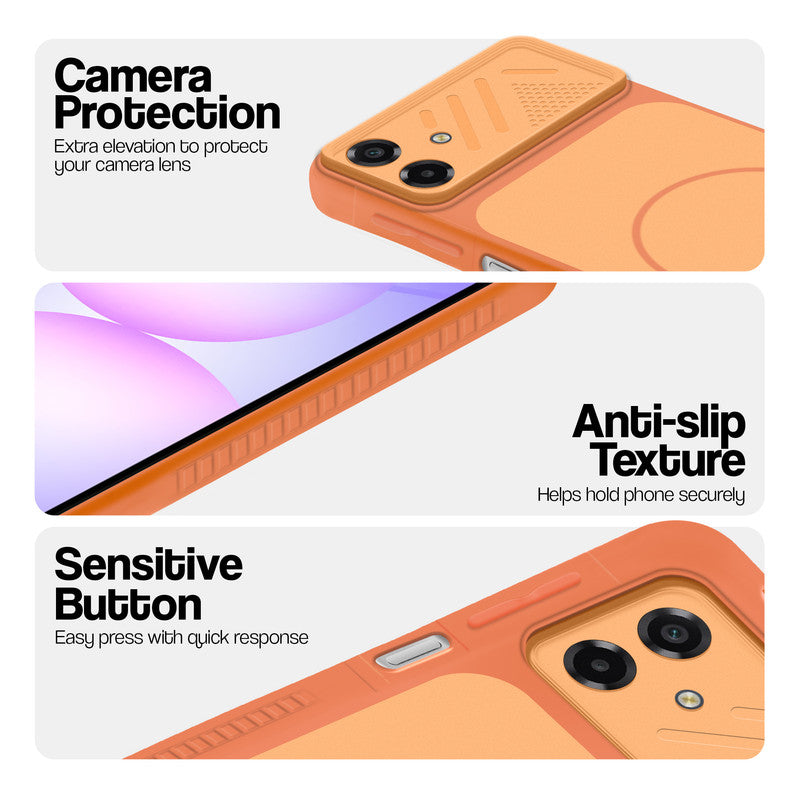 Orange phone case for Samsung A07 5G showing camera safety edges, anti slip side grip and easy press button covers.