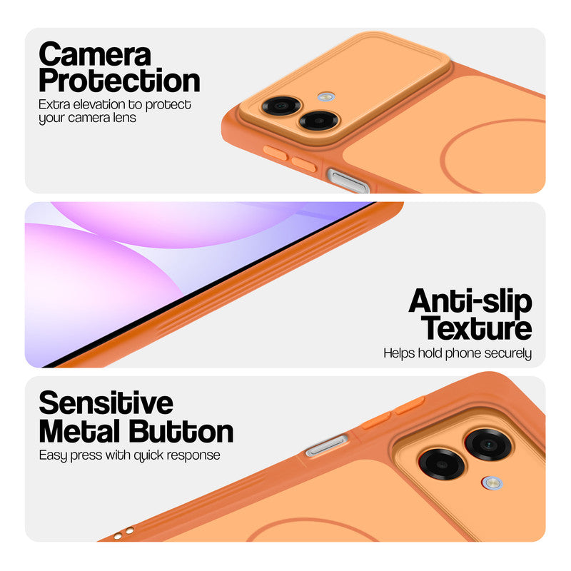 Orange Phone case for Samsung A07 5G highlighting raised camera protection, anti-slip texture, and responsive side buttons
