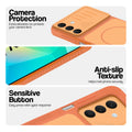 Orange phone case for Samsung A16 5G showing camera safety edges, anti slip side grip and easy press button covers.