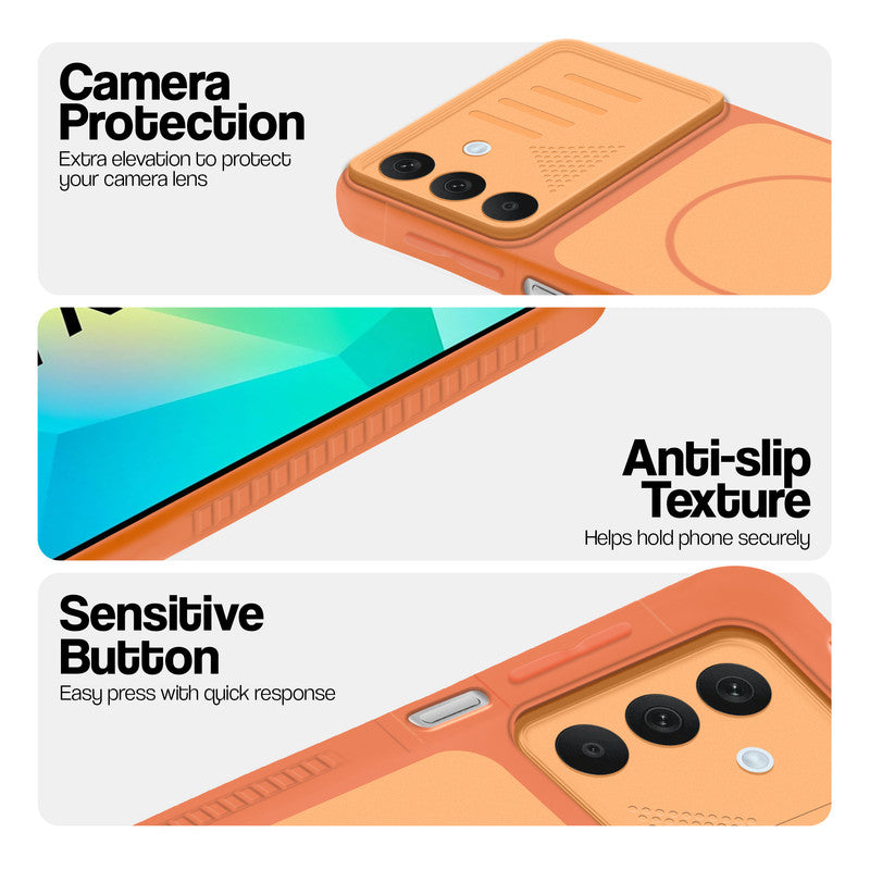 Orange phone case for Samsung A16 5G showing camera safety edges, anti slip side grip and easy press button covers.