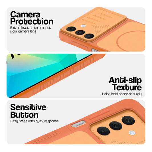 Orange phone case for Samsung A16 5G showing camera safety edges, anti slip side grip and easy press button covers.