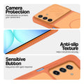 Orange phone case for Samsung A17 5G showing camera safety edges, anti slip side grip and easy press button covers.