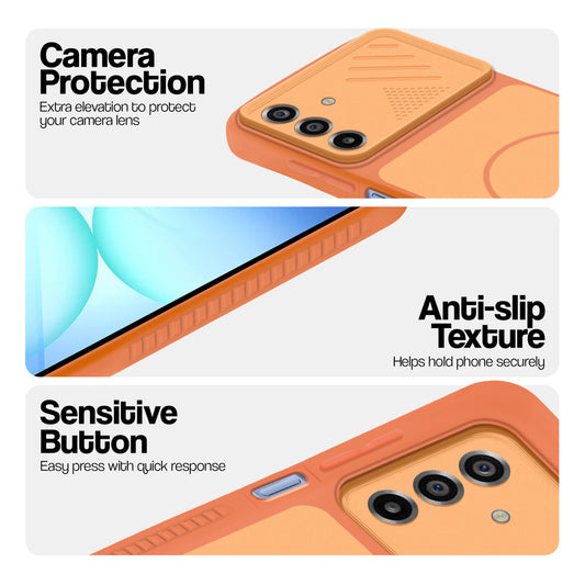 Orange phone case for Samsung A17 5G showing camera safety edges, anti slip side grip and easy press button covers.