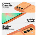 Orange phone case for Samsung A26 5G showing camera safety edges, anti slip side grip and easy press button covers.