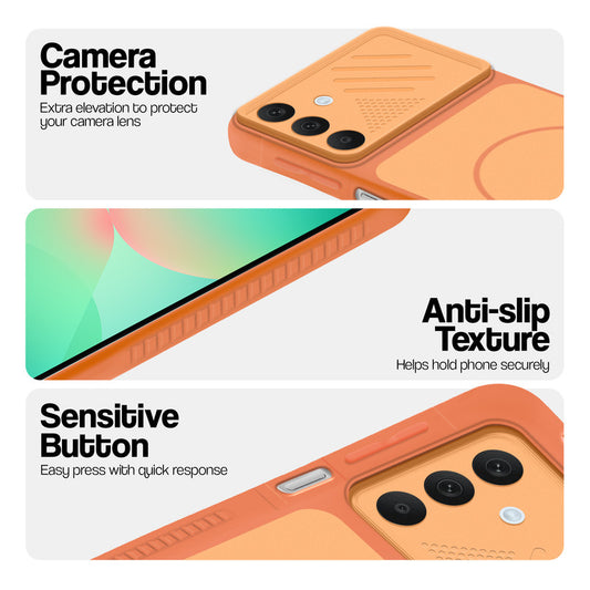 Orange phone case for Samsung A26 5G showing camera safety edges, anti slip side grip and easy press button covers.