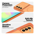 Orange phone case for Samsung A27 5G showing camera safety edges, anti slip side grip and easy press button covers.