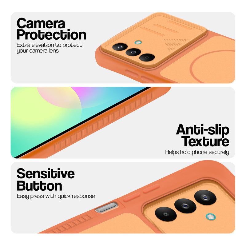 Orange phone case for Samsung A27 5G showing camera safety edges, anti slip side grip and easy press button covers.