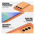 Orange phone case for Samsung A36 5G showing camera safety edges, anti slip side grip and easy press button covers.