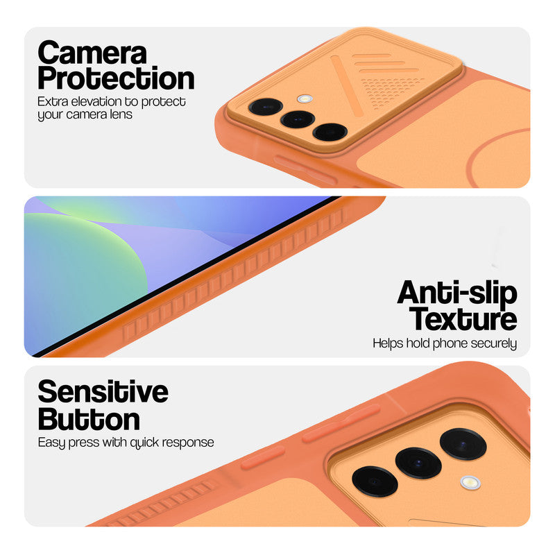 Orange phone case for Samsung A36 5G showing camera safety edges, anti slip side grip and easy press button covers.