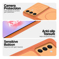 Orange phone case for Samsung A37 5G showing camera safety edges, anti slip side grip and easy press button covers.