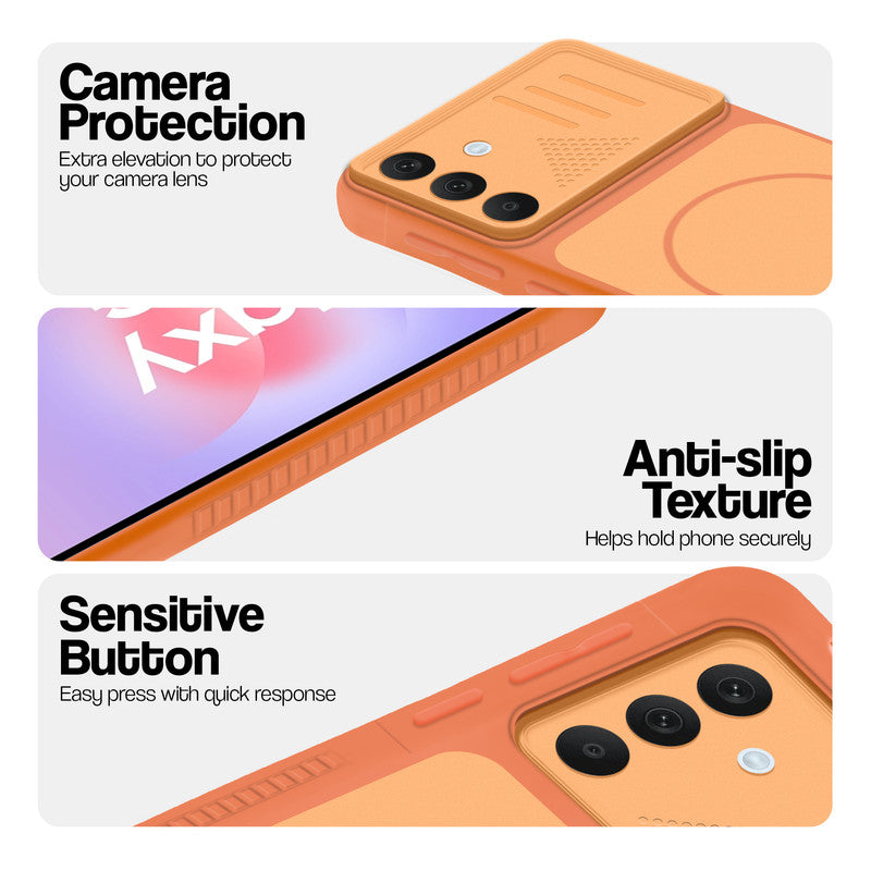 Orange phone case for Samsung A37 5G showing camera safety edges, anti slip side grip and easy press button covers.