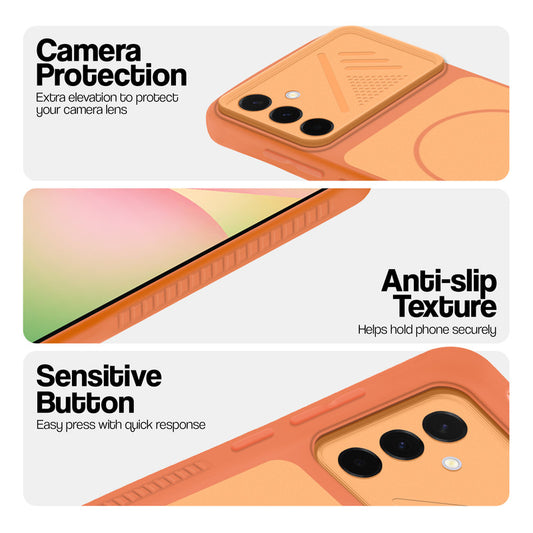 Orange phone case for Samsung A56 5G showing camera safety edges, anti slip side grip and easy press button covers.