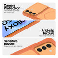 Orange phone case for Samsung A57 5G showing camera safety edges, anti slip side grip and easy press button covers.