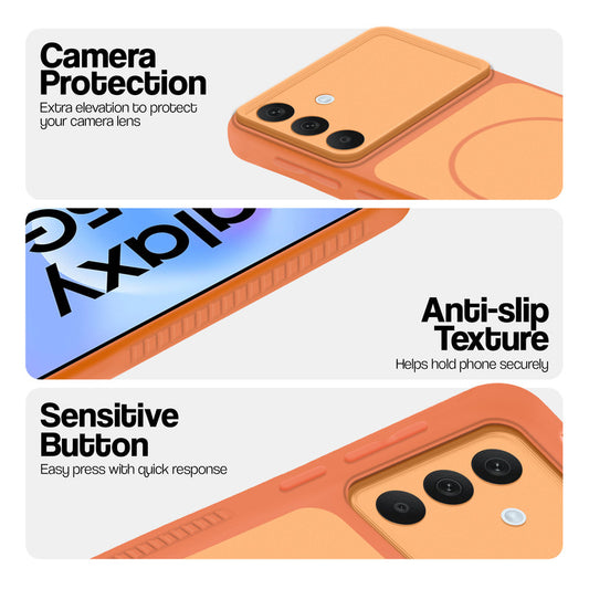 Orange phone case for Samsung A57 5G showing camera safety edges, anti slip side grip and easy press button covers.