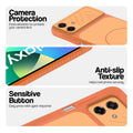 Orange phone case for Samsung F07 showing camera safety edges, anti slip side grip and easy press button covers.