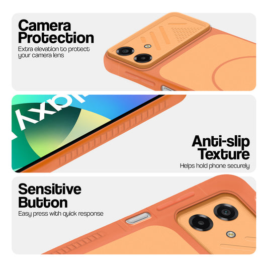 Orange phone case for Samsung F07 showing camera safety edges, anti slip side grip and easy press button covers.
