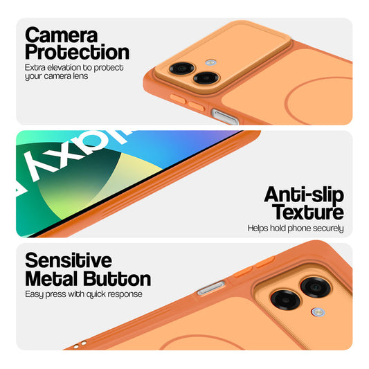 Orange Phone case for Samsung F07 highlighting raised camera protection, anti-slip texture, and responsive side buttons