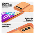 Orange phone case for Samsung F17 5G  showing camera safety edges, anti slip side grip and easy press button covers.