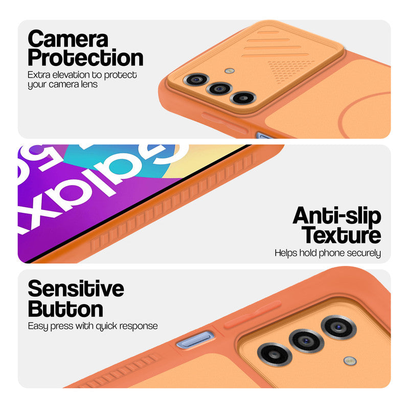 Orange phone case for Samsung F17 5G  showing camera safety edges, anti slip side grip and easy press button covers.
