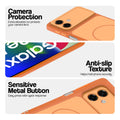 Orange Phone case for Samsung F70e 5G highlighting raised camera protection, anti-slip texture, and responsive side buttons