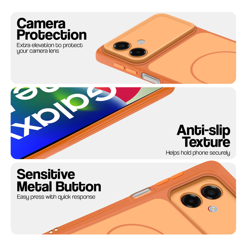 Orange Phone case for Samsung F70e 5G highlighting raised camera protection, anti-slip texture, and responsive side buttons