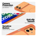Orange phone case for Samsung F70e 5G showing camera safety edges, anti slip side grip and easy press button covers.