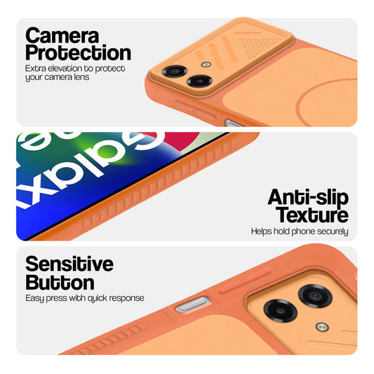 Orange phone case for Samsung F70e 5G showing camera safety edges, anti slip side grip and easy press button covers.