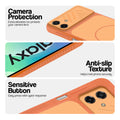 Orange phone case for Samsung M07 showing camera safety edges, anti slip side grip and easy press button covers.