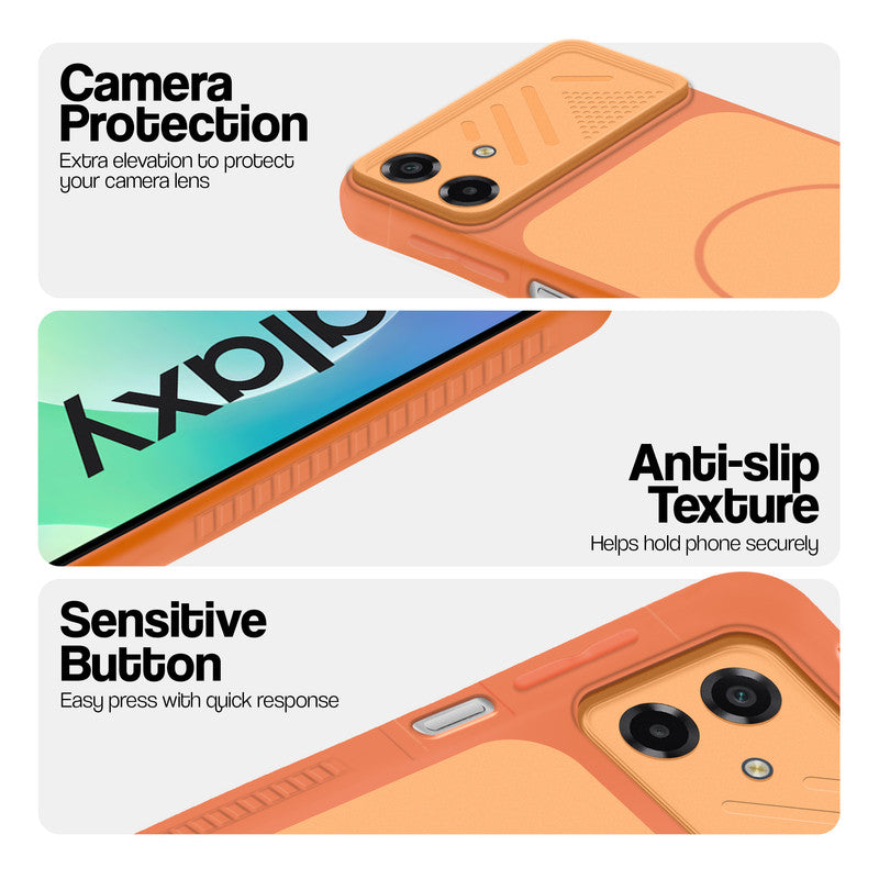 Orange phone case for Samsung M07 showing camera safety edges, anti slip side grip and easy press button covers.