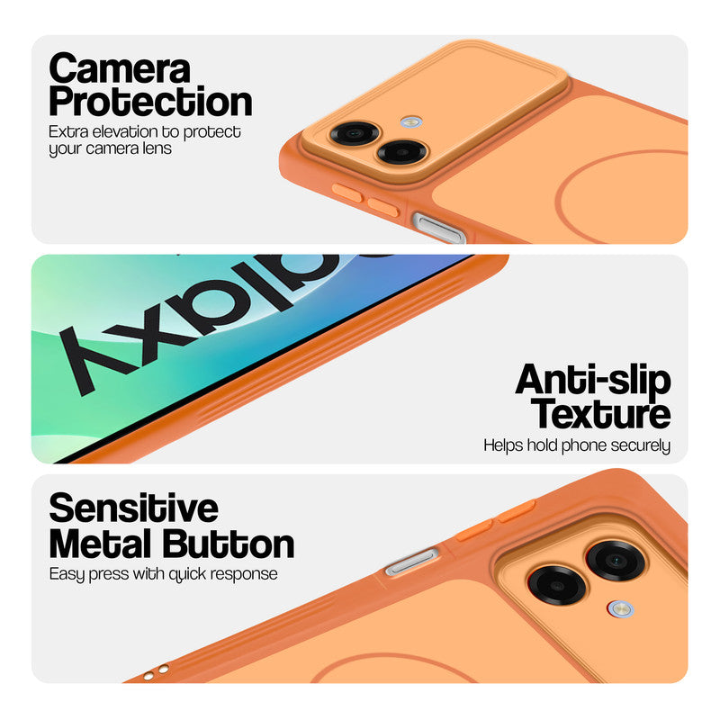 Orange Phone case for Samsung M07 highlighting raised camera protection, anti-slip texture, and responsive side buttons